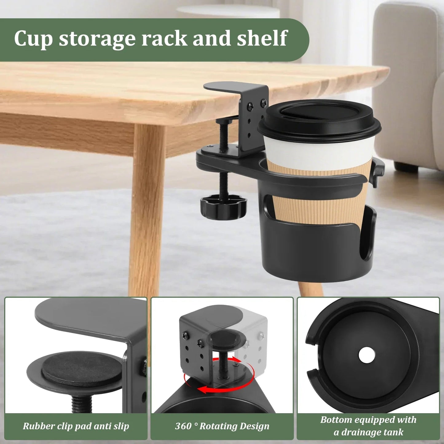360° Rotating Clip - On Desk Cup Holder | Your Coffee Always Within Reach, Never in the Way | Adjustable Clamp Fits Any Desk | Home Office, Gaming & Standing Desk Organizer - Holcart