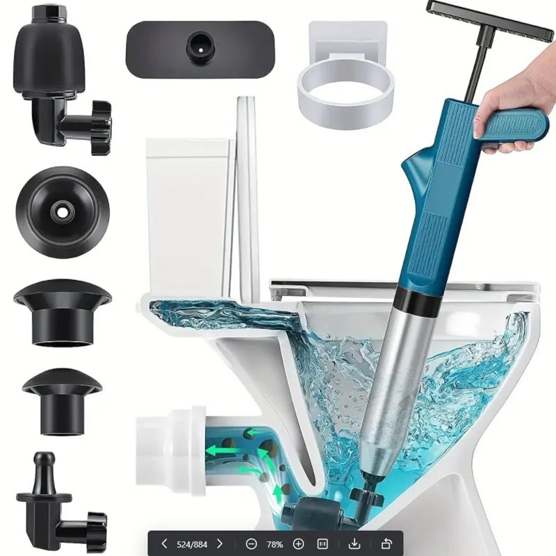 High - Pressure Air Drain Blaster & Toilet Plunger Set | Pneumatic Pipe Dredger Unblocker | Stainless Steel Drain Cleaning Tool for Toilet, Sink & Bathtub - Holcart