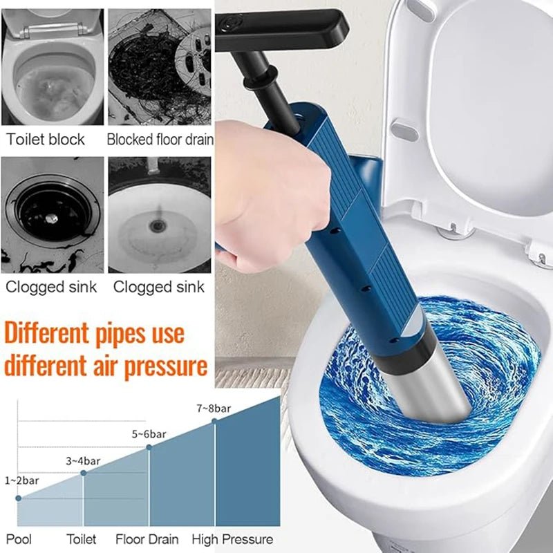 High - Pressure Air Drain Blaster & Toilet Plunger Set | Pneumatic Pipe Dredger Unblocker | Stainless Steel Drain Cleaning Tool for Toilet, Sink & Bathtub - Holcart