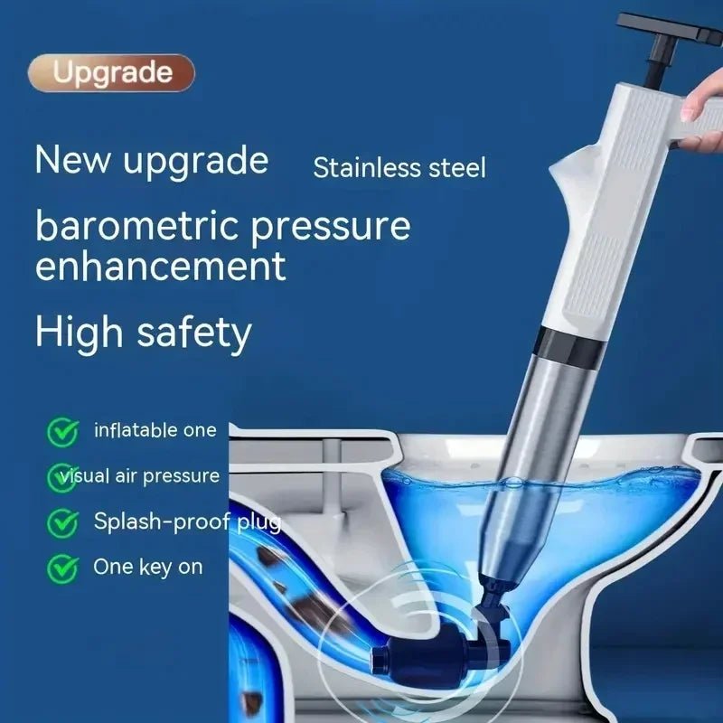 High - Pressure Air Drain Blaster & Toilet Plunger Set | Pneumatic Pipe Dredger Unblocker | Stainless Steel Drain Cleaning Tool for Toilet, Sink & Bathtub - Holcart