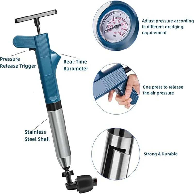 High - Pressure Air Drain Blaster & Toilet Plunger Set | Pneumatic Pipe Dredger Unblocker | Stainless Steel Drain Cleaning Tool for Toilet, Sink & Bathtub - Holcart