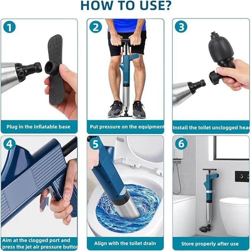 High - Pressure Air Drain Blaster & Toilet Plunger Set | Pneumatic Pipe Dredger Unblocker | Stainless Steel Drain Cleaning Tool for Toilet, Sink & Bathtub - Holcart