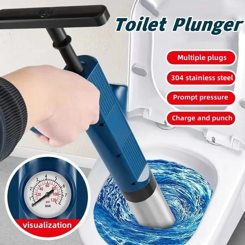High - Pressure Air Drain Blaster & Toilet Plunger Set | Pneumatic Pipe Dredger Unblocker | Stainless Steel Drain Cleaning Tool for Toilet, Sink & Bathtub - Holcart