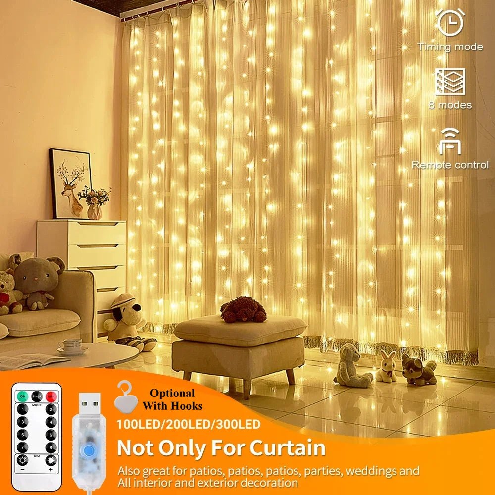 LED Curtain Fairy Lights | Warm Golden Glow That Transforms Any Room in Seconds | USB Powered String Lights with Remote & Timer for Bedroom, Wedding & Christmas Decor - Holcart