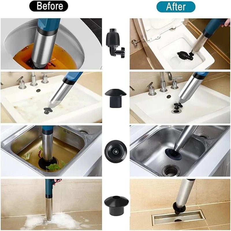 High - Pressure Air Drain Blaster & Toilet Plunger Set | Pneumatic Pipe Dredger Unblocker | Stainless Steel Drain Cleaning Tool for Toilet, Sink & Bathtub - Holcart